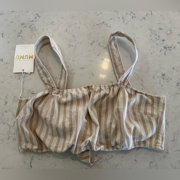 SHOW ME YOUR MUMU Alabama Crop Top In Sandy Stripe Sz XL NWT Tan White Tie - Picture 9 of 11